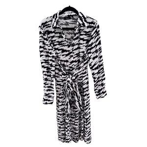 Ella Rafaella Black White Print Long Sleeve Tie Waist Shirt Midi Dress Medium